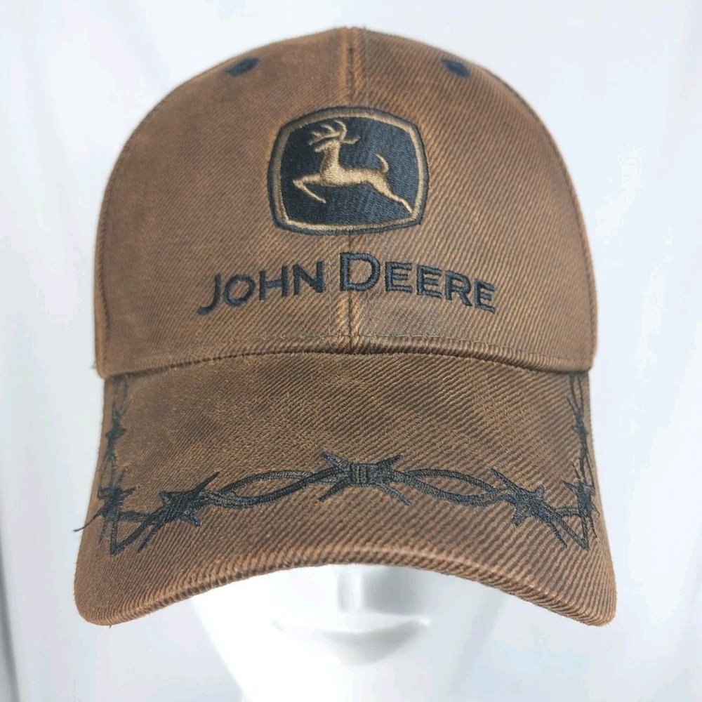 John Deere Country Hat Cap Brown Oil Skin Barbed Wire Farming Hook & Loop OSFM
